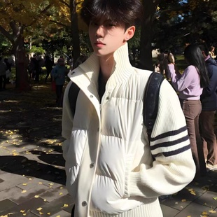 美式三条杠拼接针织羽绒服男生冬季加厚保暖棉衣外套短款立领棉服