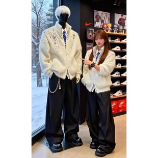 高级感毛绒珍珠开衫毛衣男款冬季小香风针织衫外套半高领情侣夹克