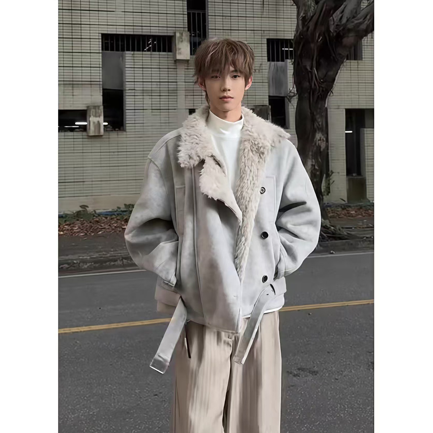 老钱风复古加厚毛呢夹克男款冬季双排扣设计感羊羔绒翻领棉服外套,男装,棉衣,淘宝优惠券,粉丝福利购,淘宝优惠卷