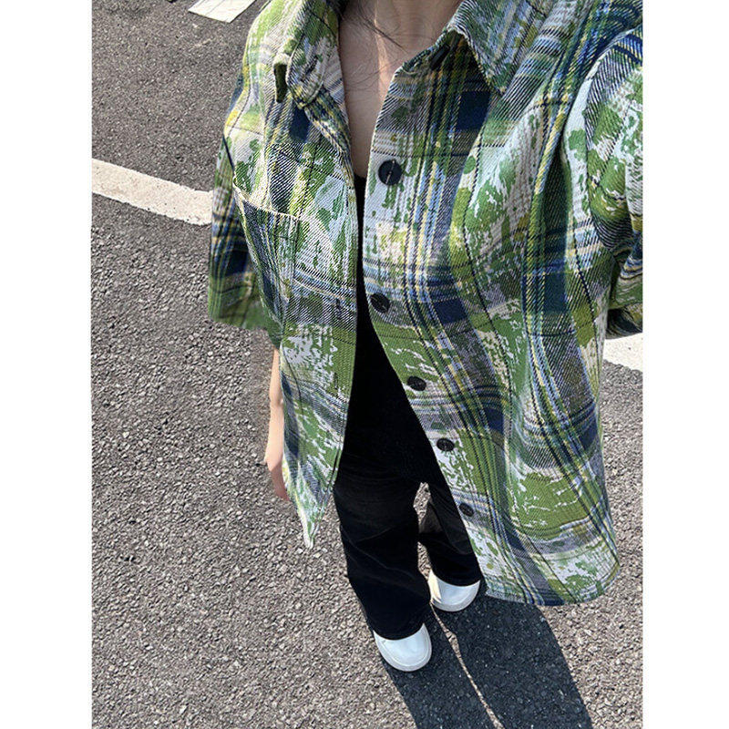 牛油果绿扎染短袖格子衬衫男女款夏季薄款美式高街设计感衬衣外套图片