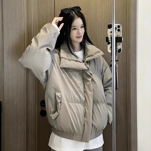 PU皮三防美式羽绒棉服男款冬季美拉德立领厚外套中性风短款面包服