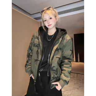 美式 短宽boxy廓形夹棉棒球服飞行员夹克外套 迷彩假两件棉服男冬季