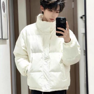 米白色嘉兴平湖羽绒服男冬季加厚保暖立领面包服美式立领棉衣外套