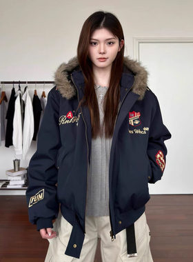 AHCN美式刺绣徽章连帽棉服男女款冬季加厚保暖棉衣可拆卸毛领外套