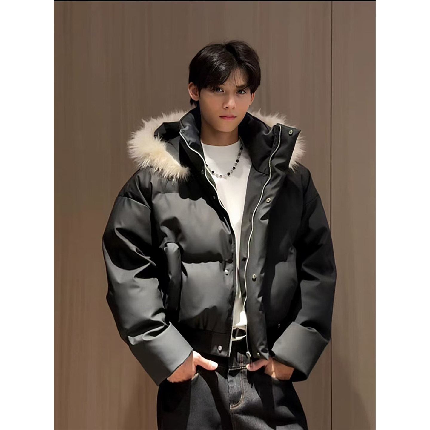 【全场五折】PU皮毛领羽绒棉服潮