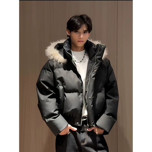 黑色短款PU皮毛领羽绒棉服男冬季高级感加厚棉衣美式三防连帽外套
