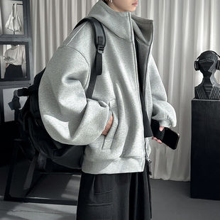 卫衣男秋冬设计感廓形夹克外套重磅潮牌boxy连帽衫 美式 慵懒风开衫