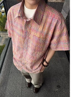 粉红色织格泡泡纱短袖衬衫男夏季薄款沙滩旅游氛围感衬衣速干外套