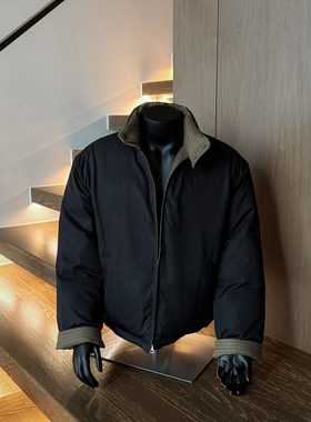 oclin千鸟格哈灵顿短款棉服男冬季痞帅高级感双面穿美式棉衣外套