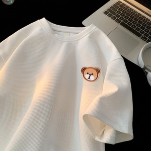 TC15*P22华夫格男t恤夏季短袖宽松大码体恤潮牌潮流情侣半袖衣服,好看的衣服穿搭男港风宽松图片