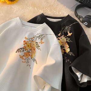 TC66*P25 华夫格t恤男女夏季短袖宽松大码体恤新中式潮半袖衣服图片