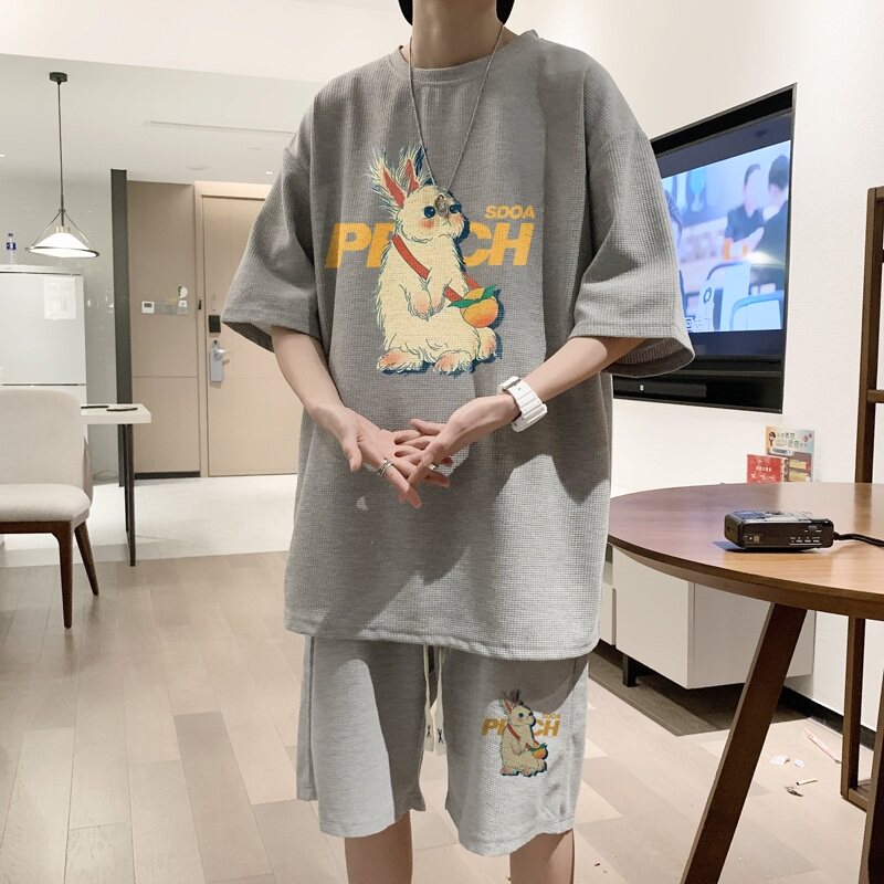 ZT43*P48夏季华夫格套装男女短袖T恤休闲短裤情侣穿搭运动搭配潮,男装休闲套装,星座414A-2（原B215-2）