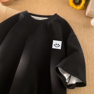 TC55*P22华夫格男女t恤夏季短袖宽松大码体恤潮牌笑脸半袖衣服