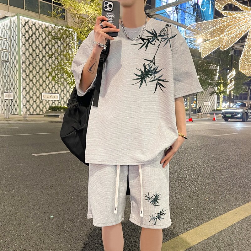 ZT65*P48风华夫格短袖t恤男夏季休闲套装男潮牌五分短裤两件套,男装休闲套装,星座414A-2（原B215-2）