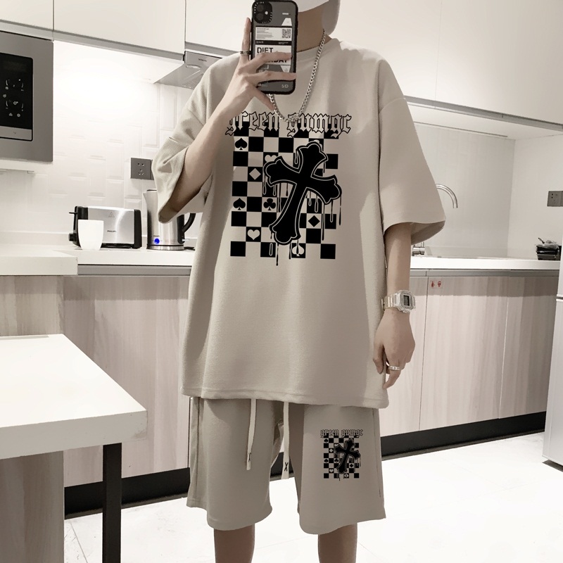ZT51*P48港风ins华夫格套装男短袖t恤夏季潮流短裤两件套帅气男装，男装休闲套装，星座414A-2（原B215-2）