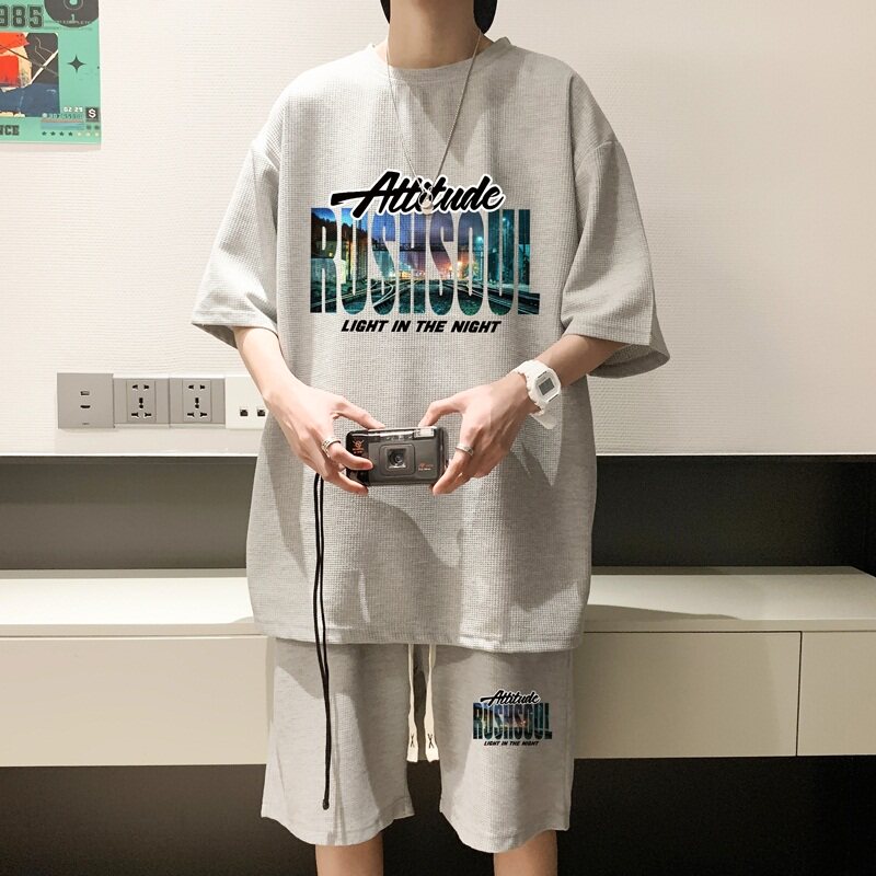 ZT18*P48美式华夫格套装男夏季潮牌T恤短袖ins港风宽松运动两件套,男装休闲套装,星座414A-2（原B215-2）