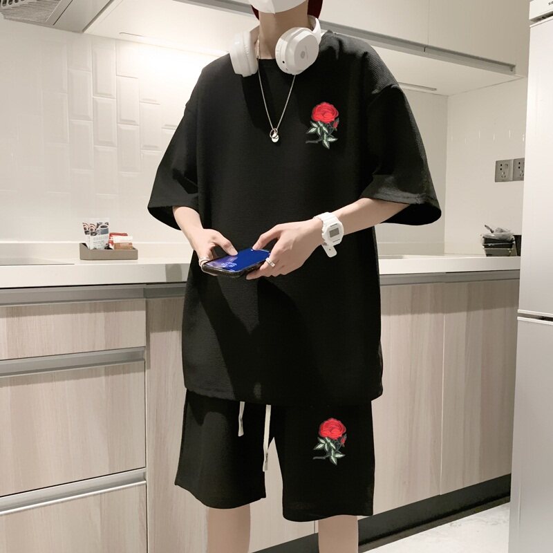 ZT15*P48夏季刺绣短袖t恤男士休闲套装ins潮流一套搭配短裤两件套图片