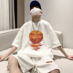 ZT38*P48 华夫格短袖t恤男女夏季套装潮流一套搭配帅气港风上衣服图片