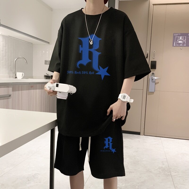 ZT13*P48夏季短袖t恤男士休闲套装ins潮流帅气一套搭配短裤两件套,男装T恤,星座414A-2（原B215-2）