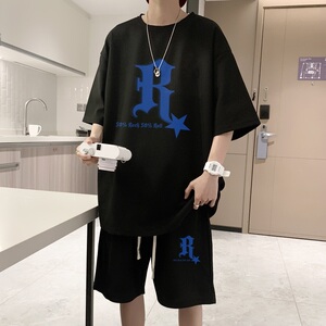 ZT13*P48夏季短袖t恤男士休闲套装ins潮流帅气一套搭配短裤两件套图片
