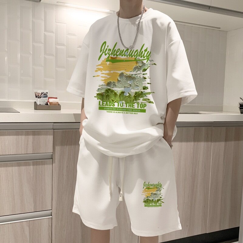 痞帅印花运动套装男款夏季重磅国潮宽松休闲小众t恤五分裤两件套,男装休闲套装,星座414A-2（原B215-2）
