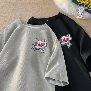 TC39*P25美式绣标华夫格短袖T恤男女夏季情侣装潮牌ins宽松上衣,黑色和绿色搭配画图片