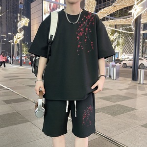 ZT69*P48 新中式华夫格短袖t恤男夏季运动套装风潮五分裤两件套图片