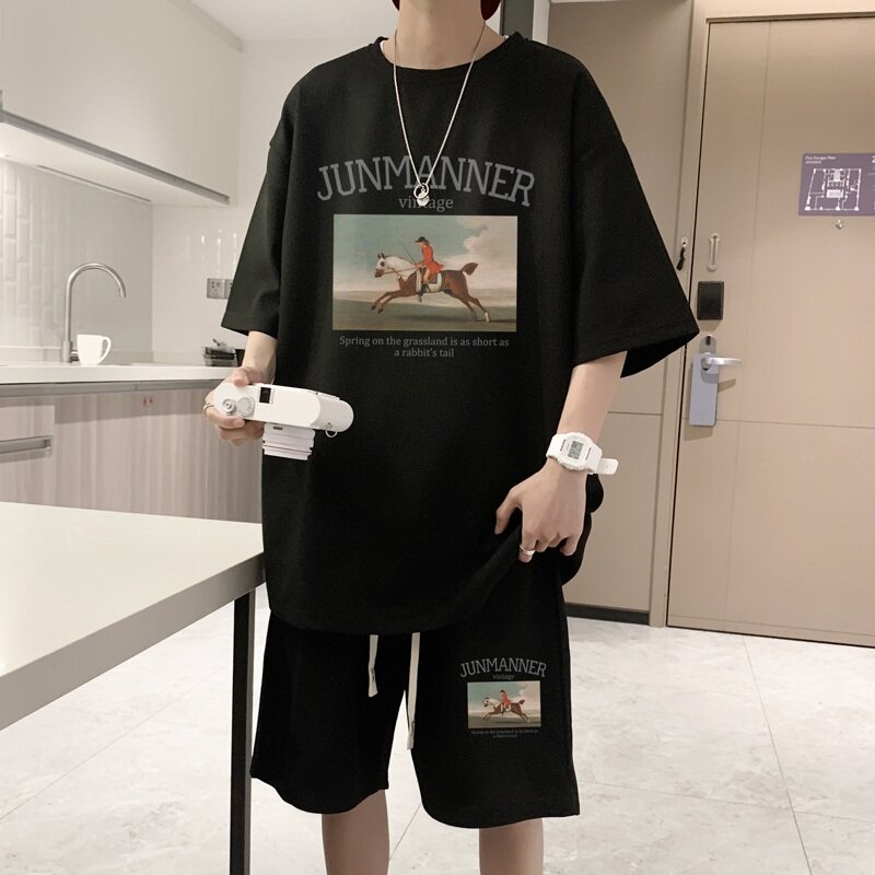 ZT57*P48重磅华夫格潮牌套装男女夏季两件套港风短袖短裤一套搭配图片