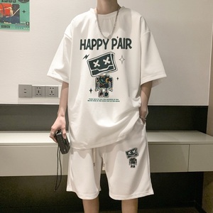 ZT23*P48美式华夫格套装男夏季潮牌T恤短袖ins港风情侣运动两件套图片