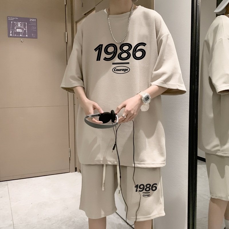ZT19*P48美式华夫格套装男夏季潮牌T恤短袖ins港风情侣运动两件套,男装休闲套装,星座414A-2（原B215-2）