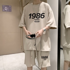 ZT19*P48美式华夫格套装男夏季潮牌T恤短袖ins港风情侣运动两件套图片