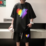 ZT21*P48美式华夫格套装男夏季T恤短袖ins港风一套运动情侣装控78，男装休闲套装，星座414A-2（原B215-2）