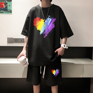 ZT21*P48美式华夫格套装男夏季T恤短袖ins港风一套运动情侣装控78图片