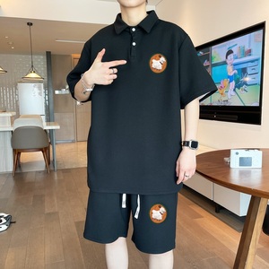 ZL01*P58 华夫格短袖短裤套装男夏季翻领t恤潮牌polo衫宽松两件套图片