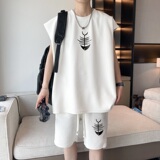 ZB01*P48华夫格无袖t恤男夏季休闲运动套装男潮牌五分短裤两件套，男装休闲套装，星座414A-2（原B215-2）