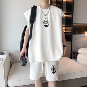 ZB01*P48 华夫格无袖t恤男夏季休闲运动套装男潮牌五分短裤两件套图片