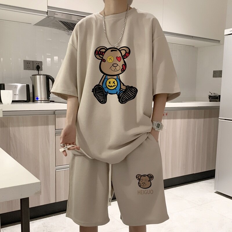 ZT36*P48华夫格短袖短裤套装男女夏季两件套t恤一套搭配帅气衣服,男装休闲套装,星座414A-2（原B215-2）