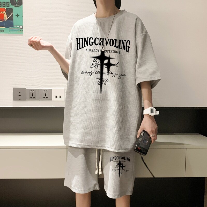 ZT16*P48夏季美式短袖t恤男女港风套装ins潮流一套搭配短裤两件套,男装T恤,星座414A-2（原B215-2）