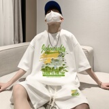 痞帅印花运动套装男款夏季重磅国潮宽松休闲小众t恤五分裤两件套，男装休闲套装，星座414A-2（原B215-2）