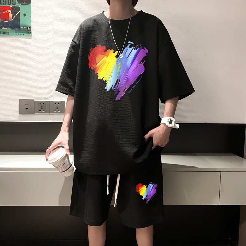 ZT21*P48美式华夫格套装男夏季潮牌T恤短袖ins港风运动情侣装控78,男装休闲套装,星座414A-2（原B215-2）