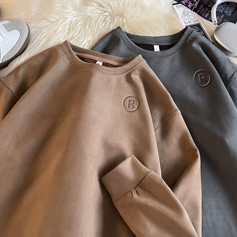 JQ01*P38美式vintag卫衣男春秋季宽麂皮绒立体印花潮牌ins外套图片