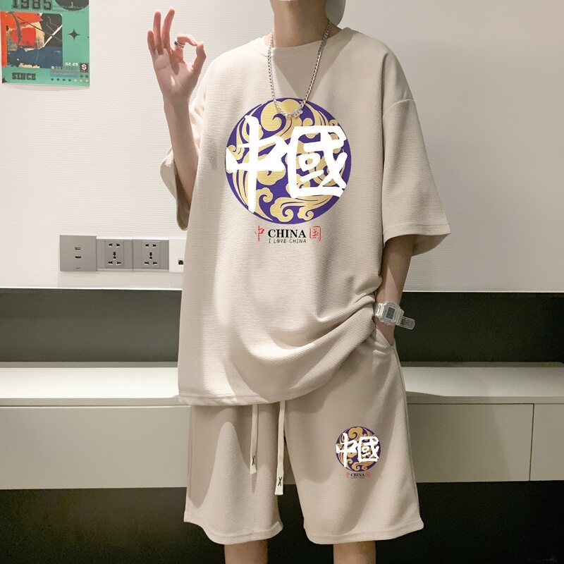 ZT58*P48重磅华夫格潮运动套装夏季两件套港风短袖短裤一套搭配,男装休闲套装,星座414A-2（原B215-2）