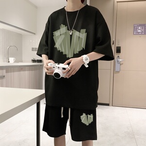 ZT37*P48 华夫格短袖t恤男士夏季套装情侣一套搭配帅气男装上衣服图片