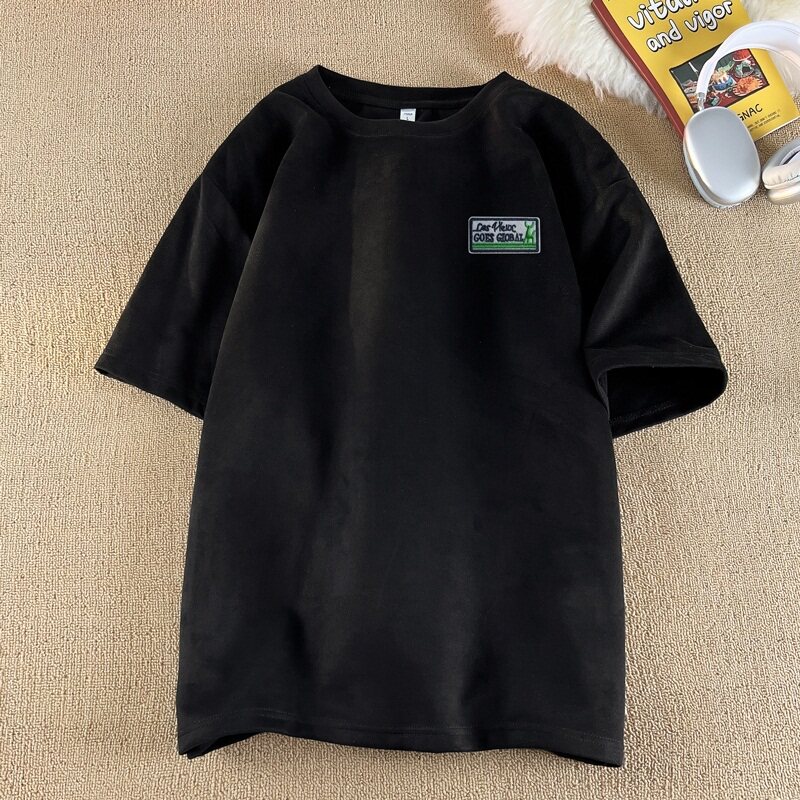 TF35*P26美式麂皮绒刺绣T恤短袖男女夏季港风潮牌ins宽松圆领体恤,男装T恤,星座414A-2（原B215-2）