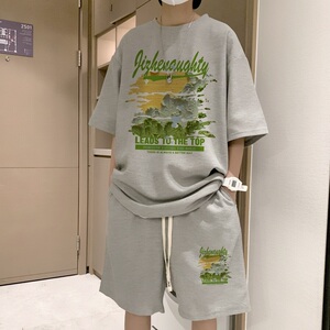 痞帅印花运动套装男款夏季重磅国潮宽松休闲小众t恤五分裤两件套图片
