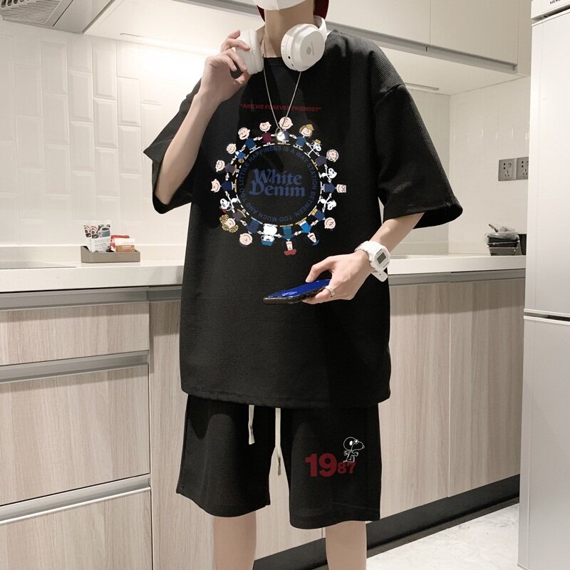 ZT52*P48港风ins华夫格套装男短袖t恤夏季休闲短裤两件套帅气男装,男装休闲套装,星座414A-2（原B215-2）