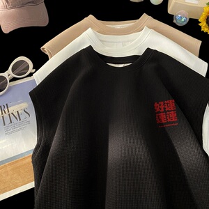 TB05*P22 华夫格男女t恤夏季宽松背心大码体恤潮流风无袖上衣服图片