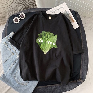 C193*P20潮ins趣味生菜印花短袖T恤男夏季宽松潮流纯棉情侣上衣图片
