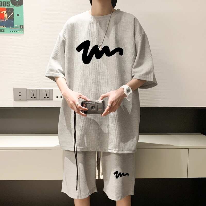 圆领休闲套装男夏季2023新款短袖短裤青少年港风美式潮牌潮流T恤,男装休闲套装,星座414A-2（原B215-2）