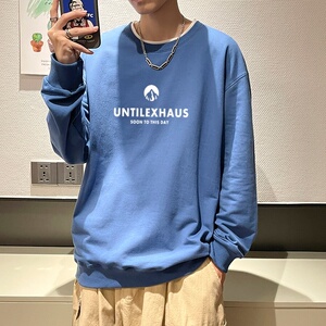 6004*P35 秋季新款男装纯棉圆领卫衣男潮牌宽松白色长袖T恤薄外套图片